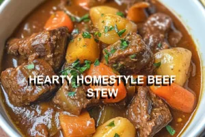 HEARTY HOMESTYLE BEEF STEW centered hero view, clean and uncluttered