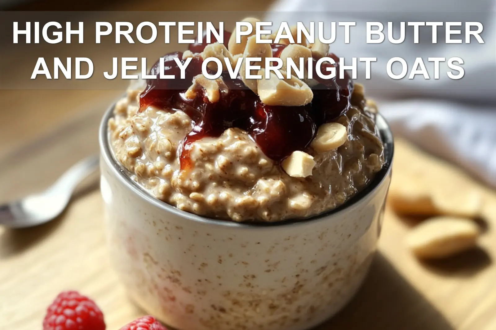 HIGH PROTEIN PEANUT BUTTER AND JELLY OVERNIGHT OATS centered hero view, clean and uncluttered