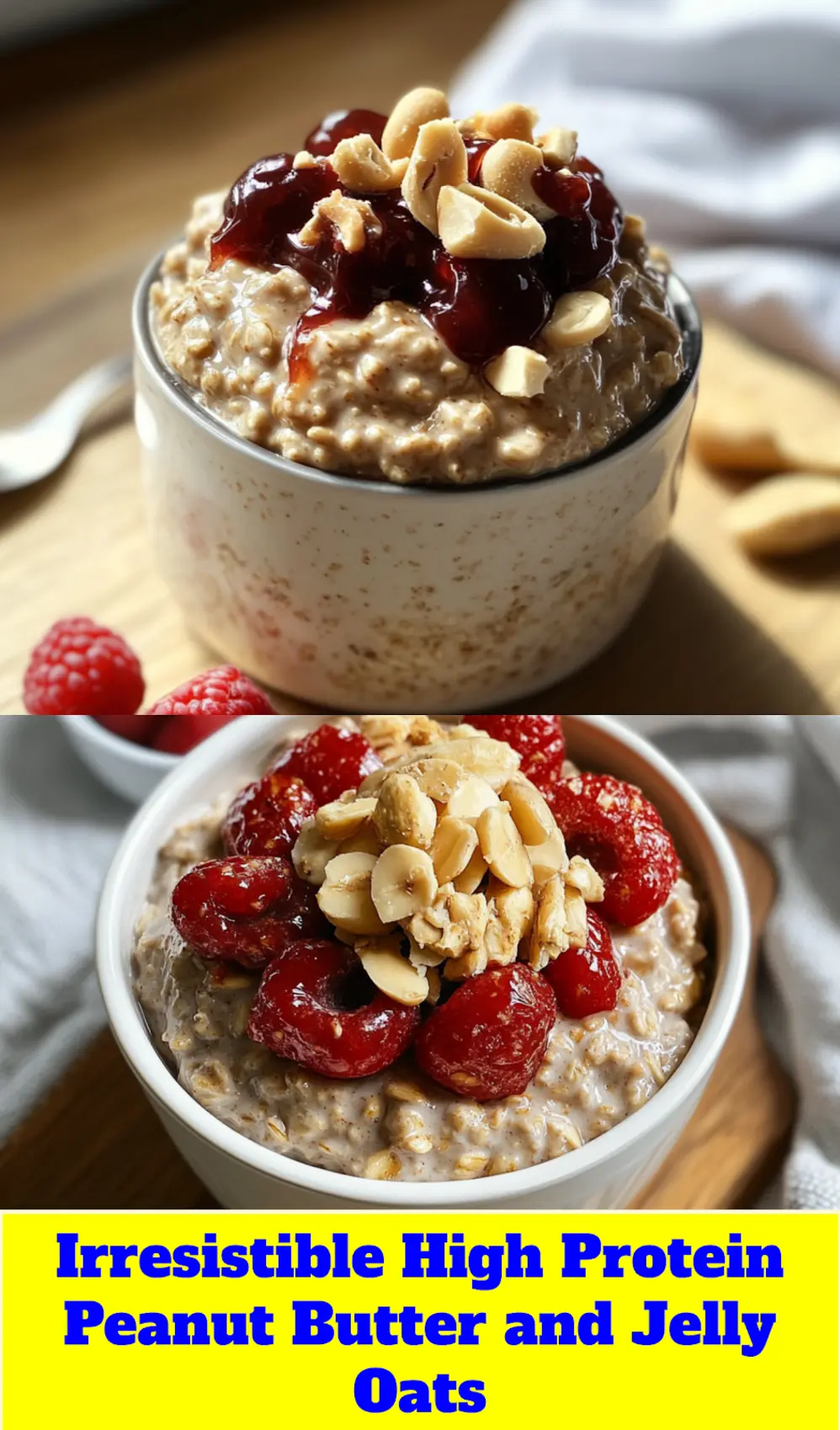 HIGH PROTEIN PEANUT BUTTER AND JELLY OVERNIGHT OATS centered hero view, clean and uncluttered_pin
