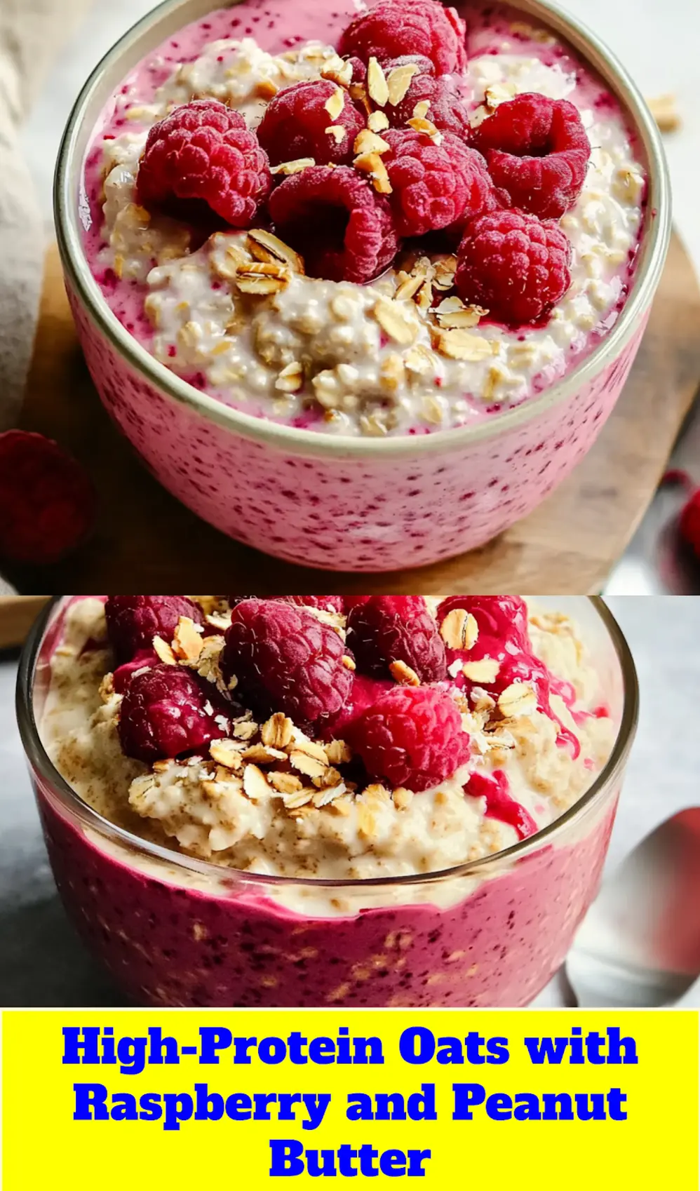 High Protein Raspberry Peanut Butter Overnight Oats centered hero view, clean and uncluttered_pin