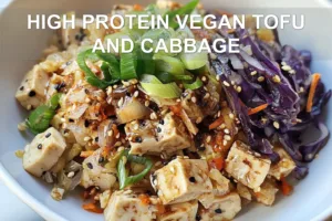 HIGH PROTEIN VEGAN TOFU AND CABBAGE centered hero view, clean and uncluttered