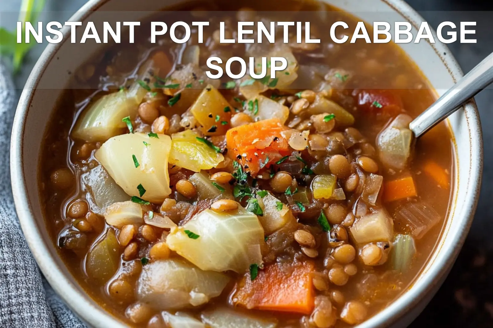 INSTANT POT LENTIL CABBAGE SOUP centered hero view, clean and uncluttered