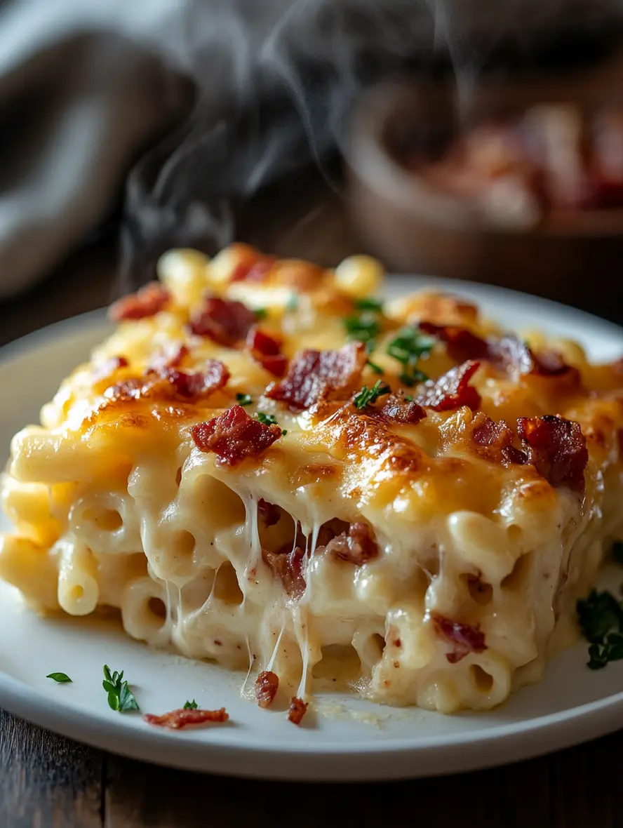 Baked mac and cheese with bacon in white dish, golden crusty top with crispy bacon pieces