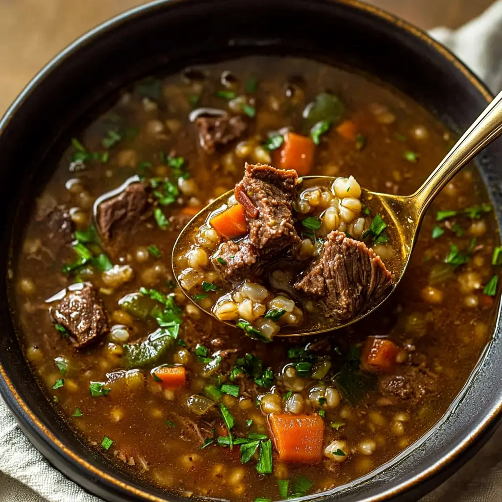 Ultimate Beef Barley Soup: Simple Hearty Delicious Recipe 3 BEEF BARLEY SOUP in rustic bowl, centered hero shot with tender beef chunks and pearl barley in rich broth