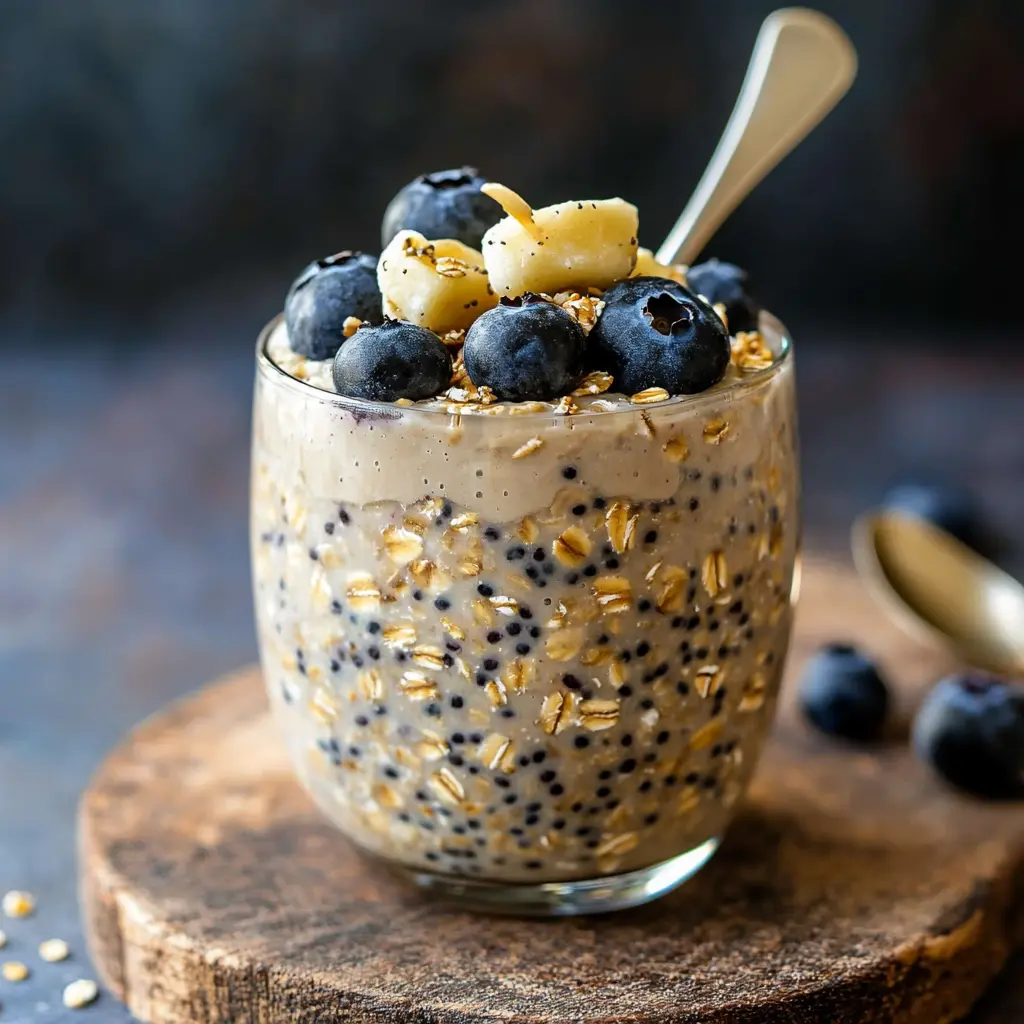 BLUEBERRY CHIA OVERNIGHT OATS centered hero view, clean and uncluttered