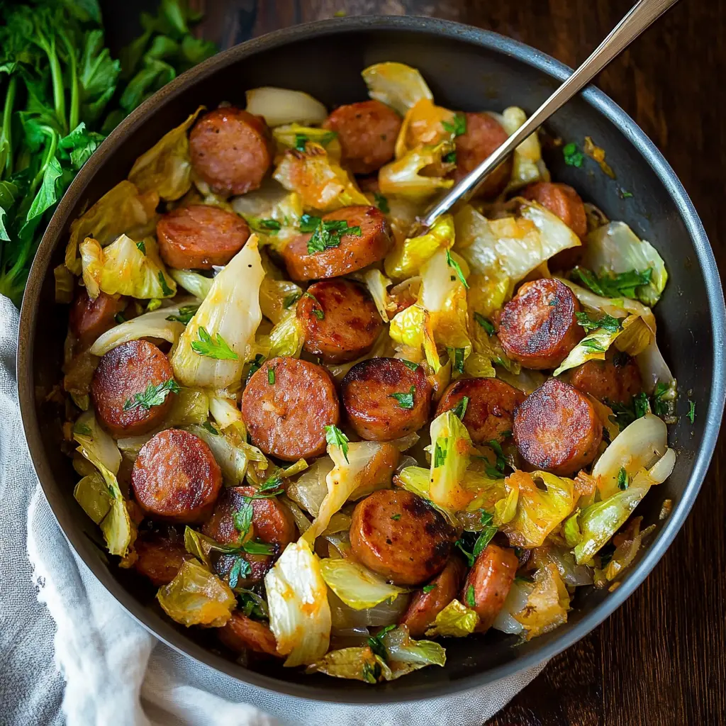 CABBAGE AND SAUSAGE SKILLET centered hero view, clean and uncluttered