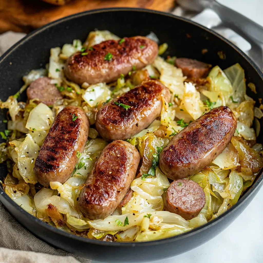 CABBAGE SAUSAGE ONE PAN SKILLET centered hero view, clean and uncluttered