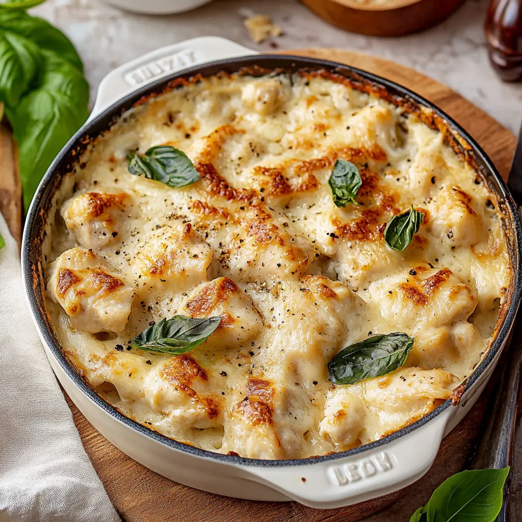 CHICKEN ALFREDO GNOCCHI BAKE centered hero view, clean and uncluttered