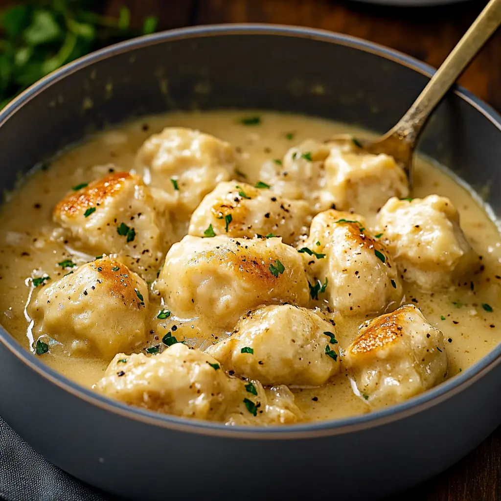 CHICKEN AND DUMPLINGS centered hero view, clean and uncluttered