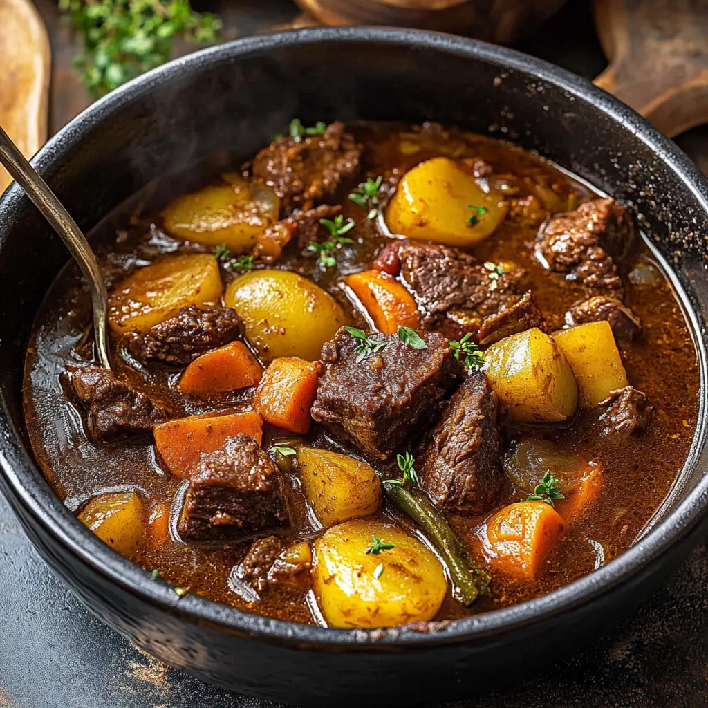CLASSIC BEEF STEW RECIPE centered hero view, clean and uncluttered