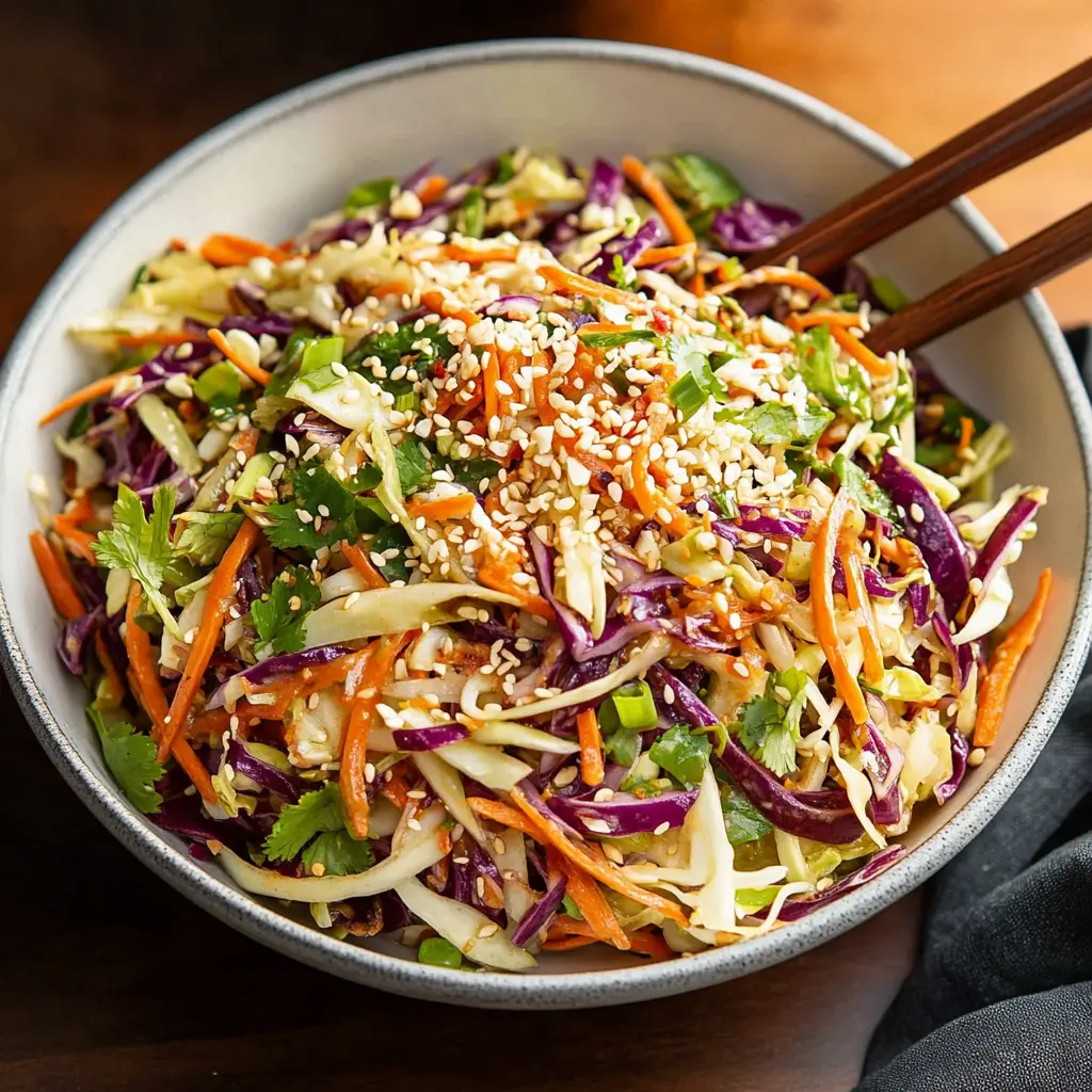 CRUNCHY ASIAN CABBAGE SALAD centered hero view, clean and uncluttered