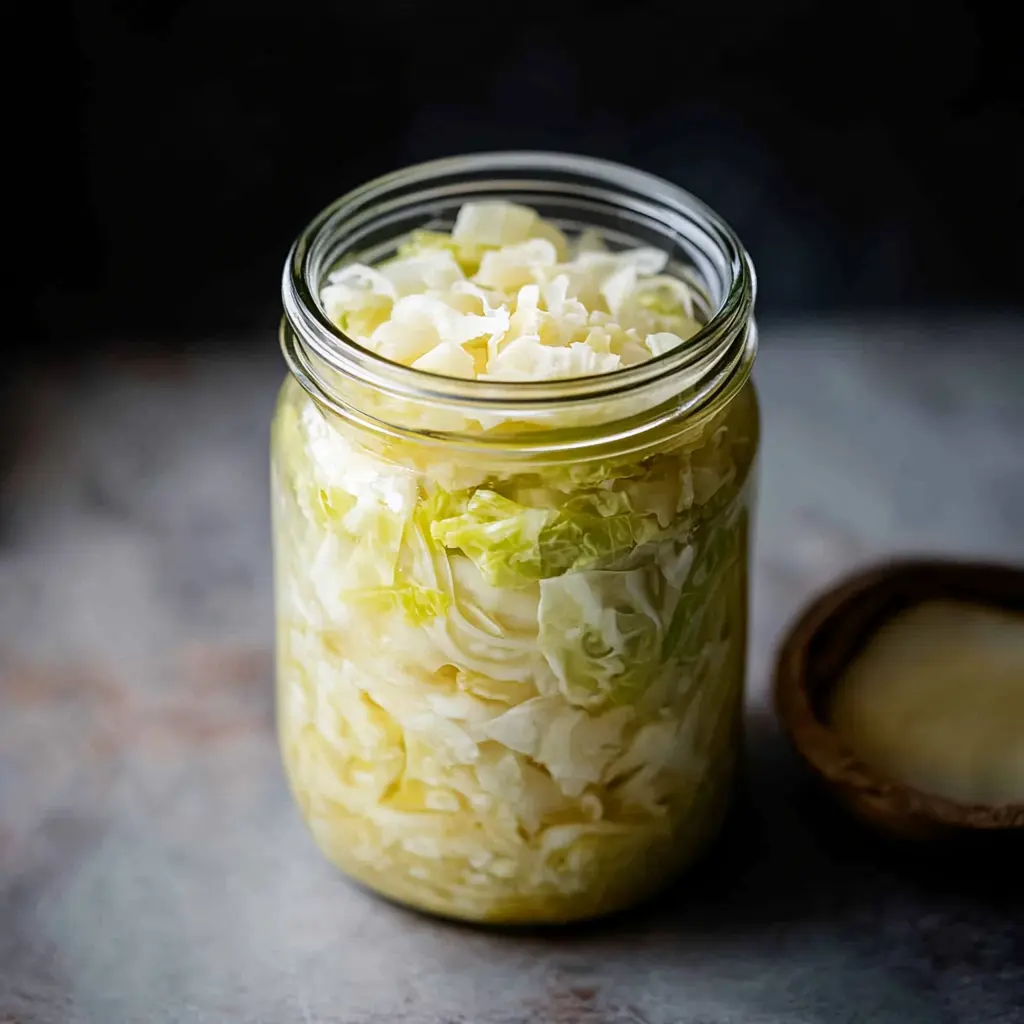 EASY FERMENTED CABBAGE IN A JAR centered hero view, clean and uncluttered