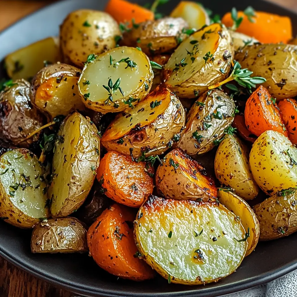 GARLIC HERB ROASTED POTATOES CARROTS AND ZUCCHINI centered hero view, clean and uncluttered