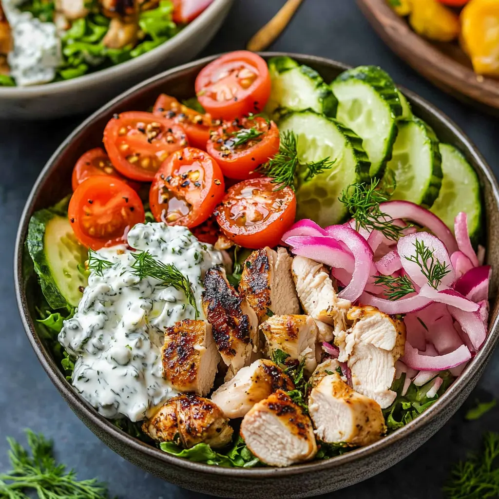 Greek Chicken Bowls Recipe with Tzatziki Sauce centered hero view, clean and uncluttered