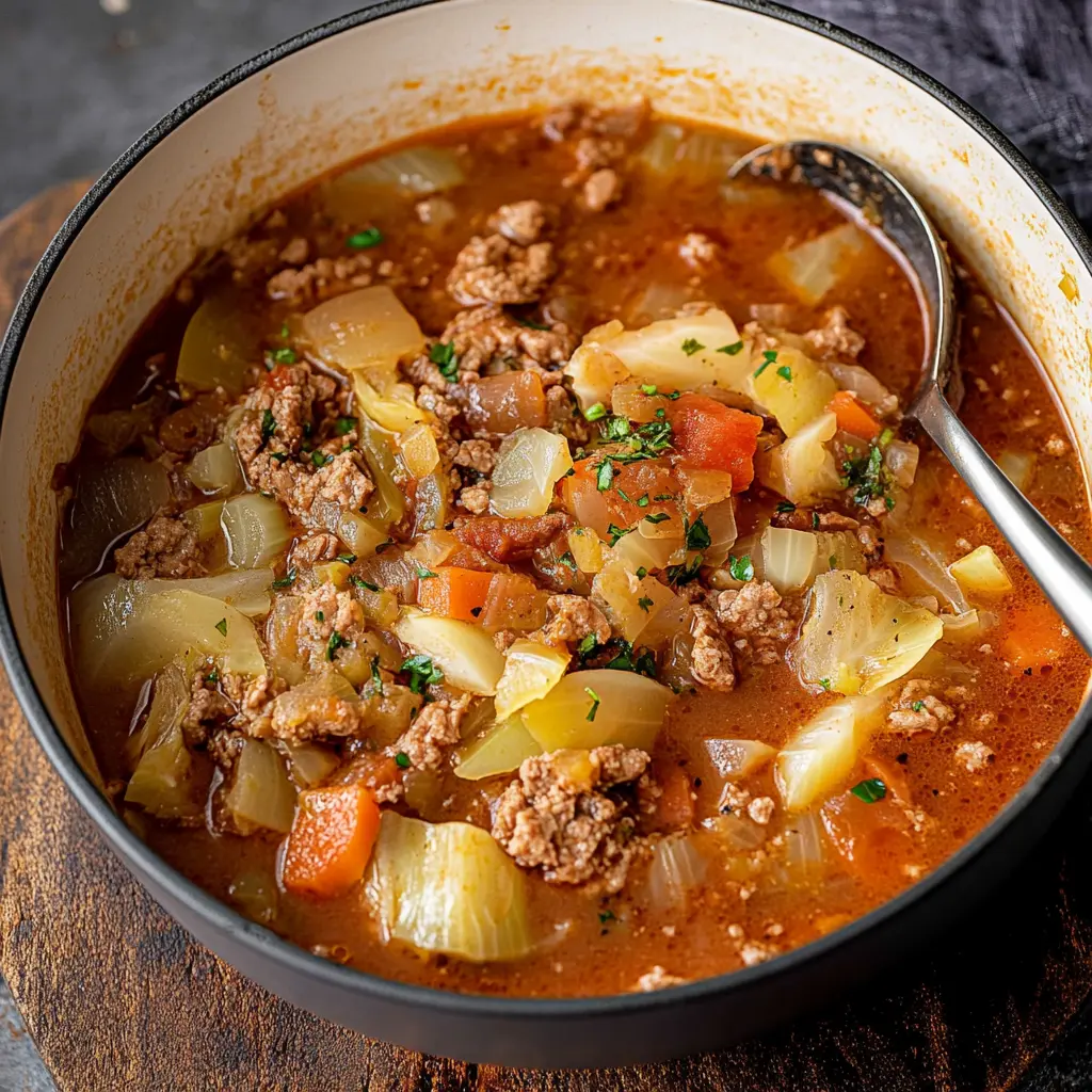 GROUND BEEF CABBAGE SOUP centered hero view, clean and uncluttered
