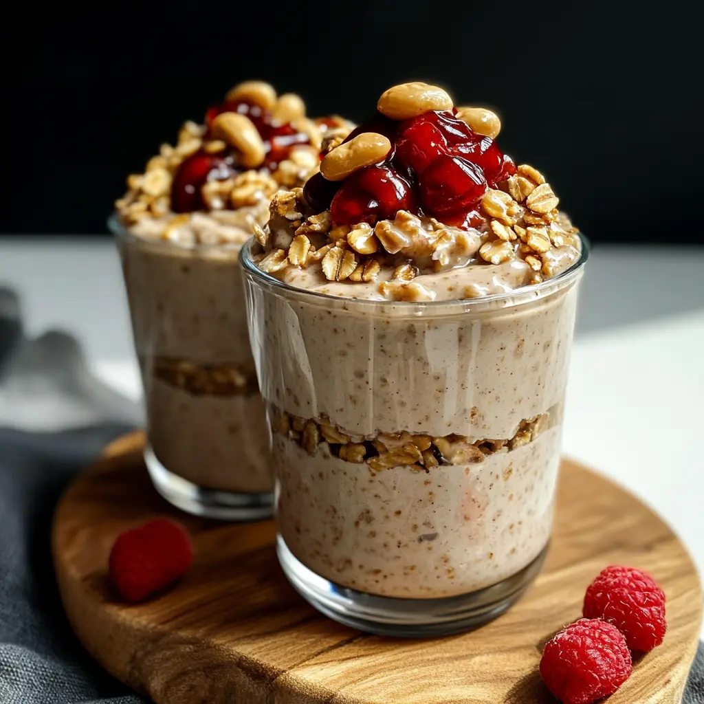 HIGH PROTEIN PEANUT BUTTER AND JELLY OVERNIGHT OATS centered hero view, clean and uncluttered