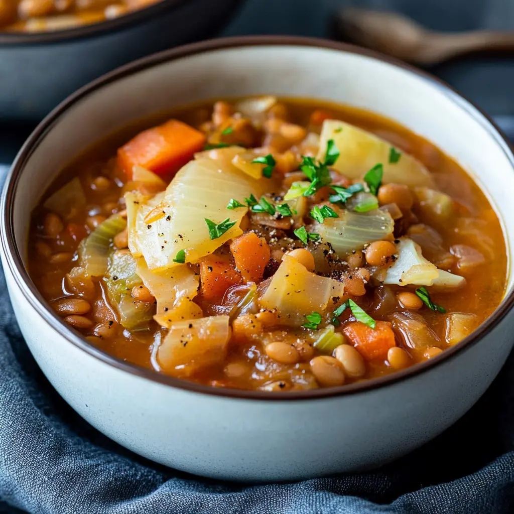 INSTANT POT LENTIL CABBAGE SOUP centered hero view, clean and uncluttered