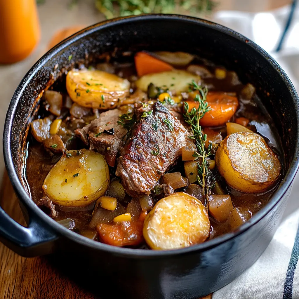 Jamie Oliver's Irish Stew with tender lamb, vegetables, and golden potatoes in a rustic casserole dish