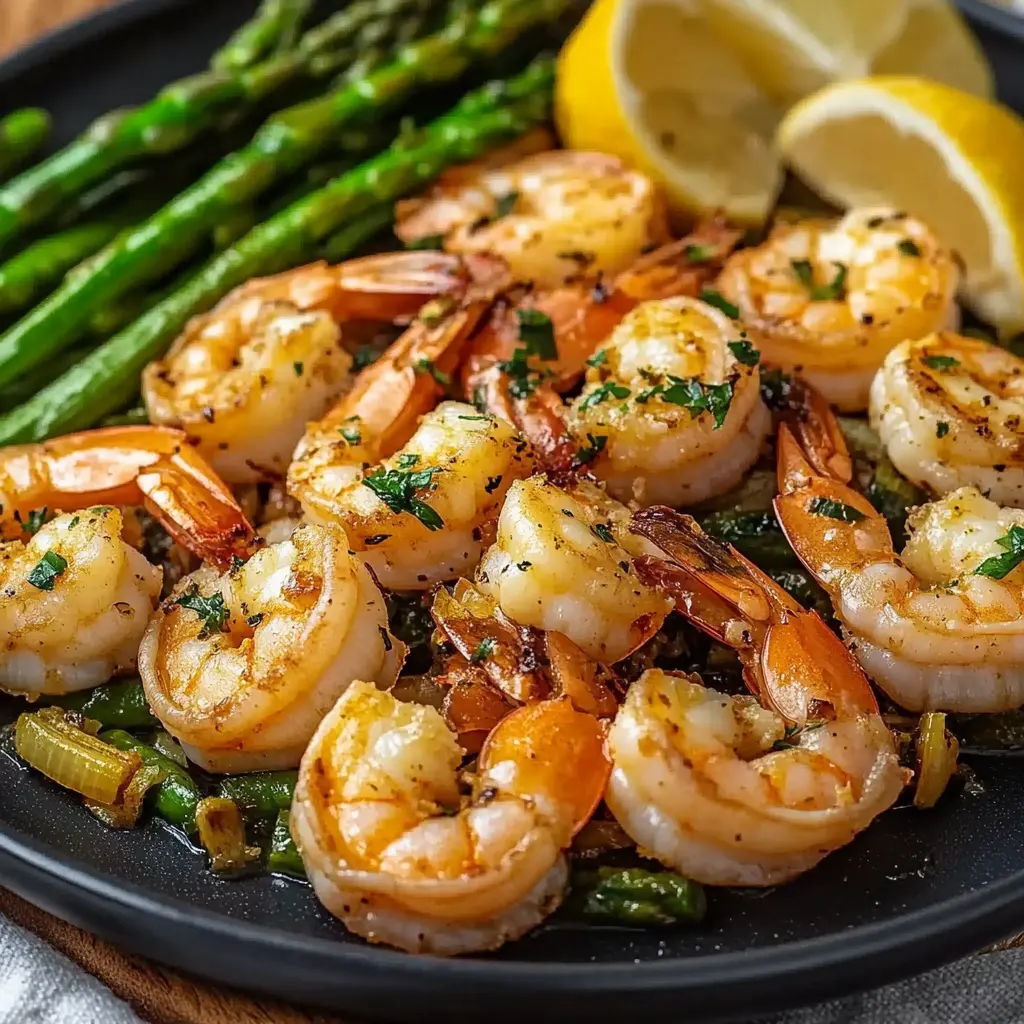 LEMON GARLIC SHRIMP AND ASPARAGUS centered hero view, clean and uncluttered