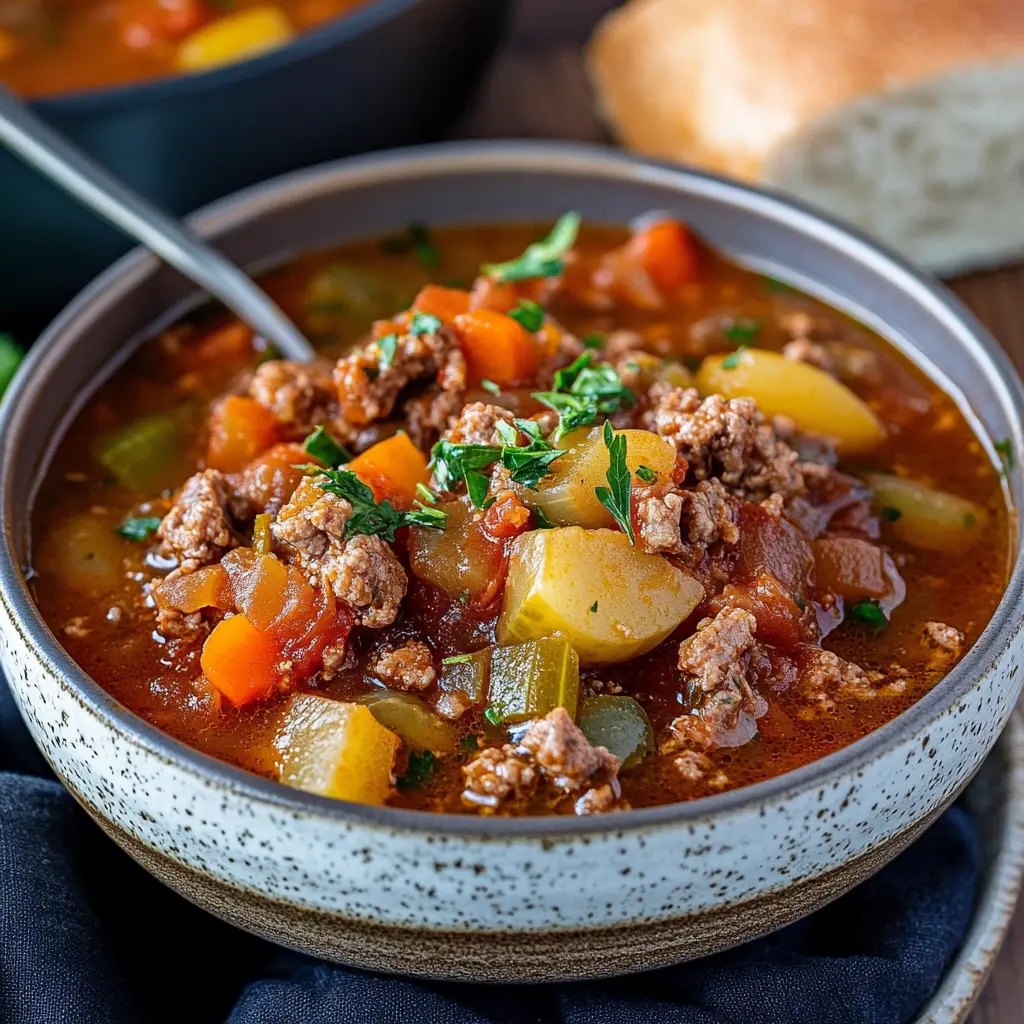Loaded Hamburger Soup Recipe for Cozy Delight 3 LOADED HAMBURGER SOUP centered hero view, clean and uncluttered