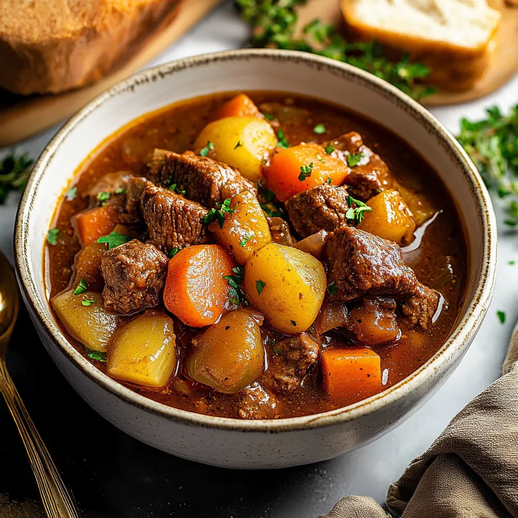OLD FASHIONED BEEF STEW centered hero view, clean and uncluttered