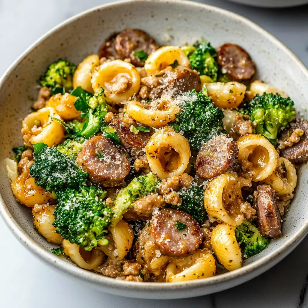 ORECCHIETTE WITH SAUSAGE AND BROCCOLI centered hero view, clean and uncluttered