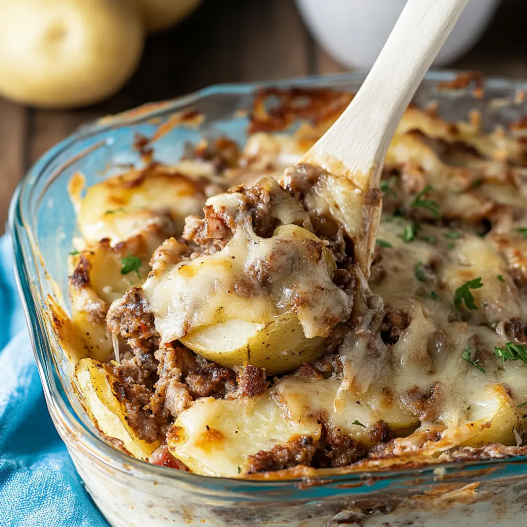 Potato Hamburger Casserole centered hero view, clean and uncluttered