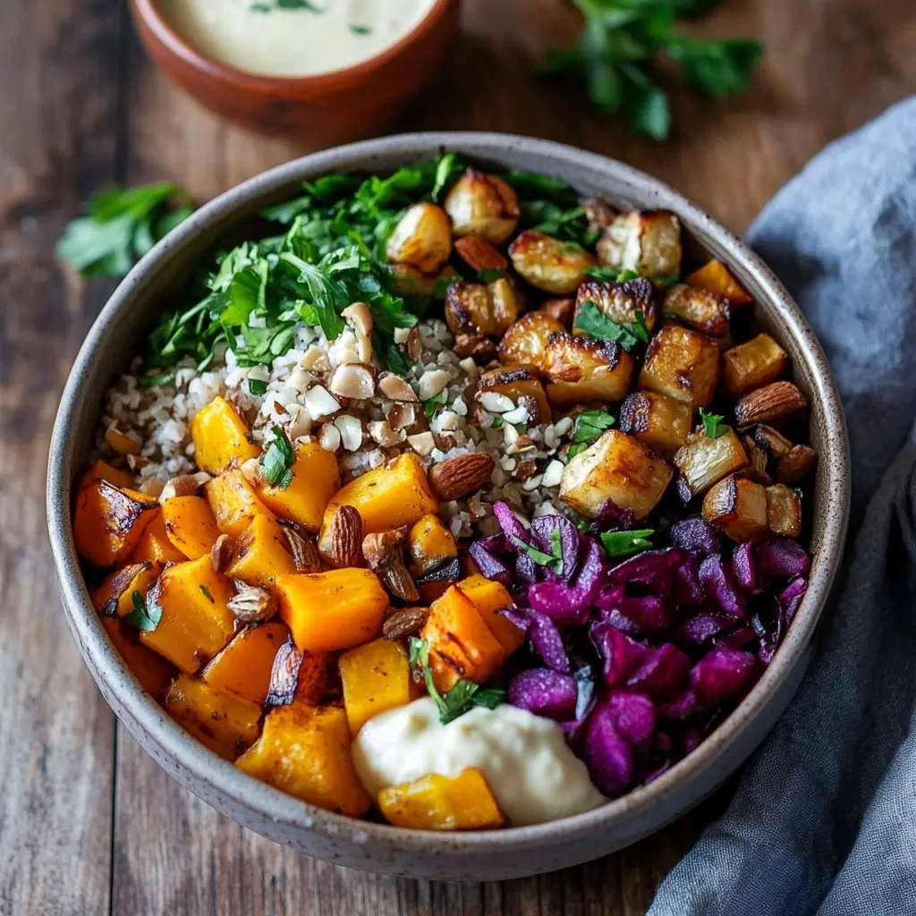 ROASTED ROOT VEGETABLE BUDDHA BOWLS WITH MAPLE CINNAMON centered hero view, clean and uncluttered