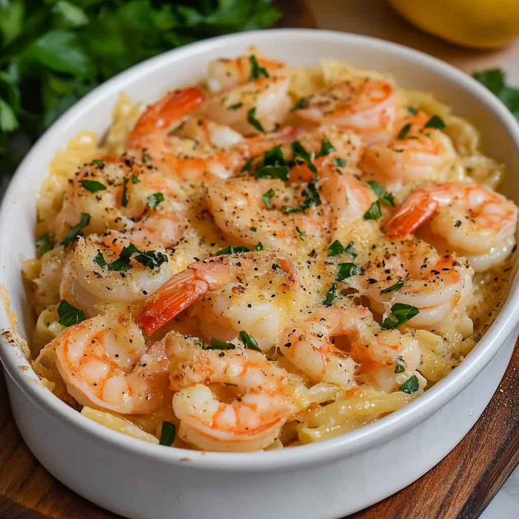SHRIMP SCAMPI PASTA BAKE centered hero view, clean and uncluttered
