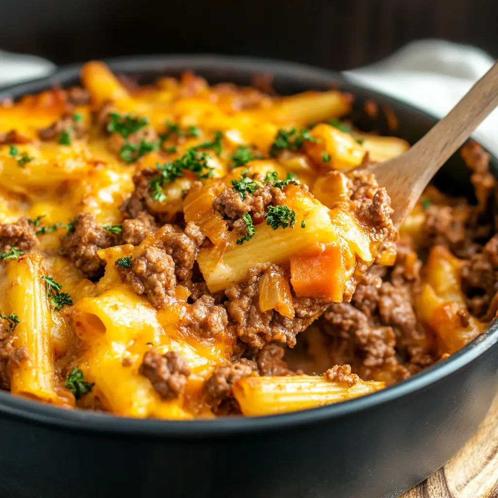 SIMPLE GROUND BEEF CASSEROLE centered hero view, clean and uncluttered