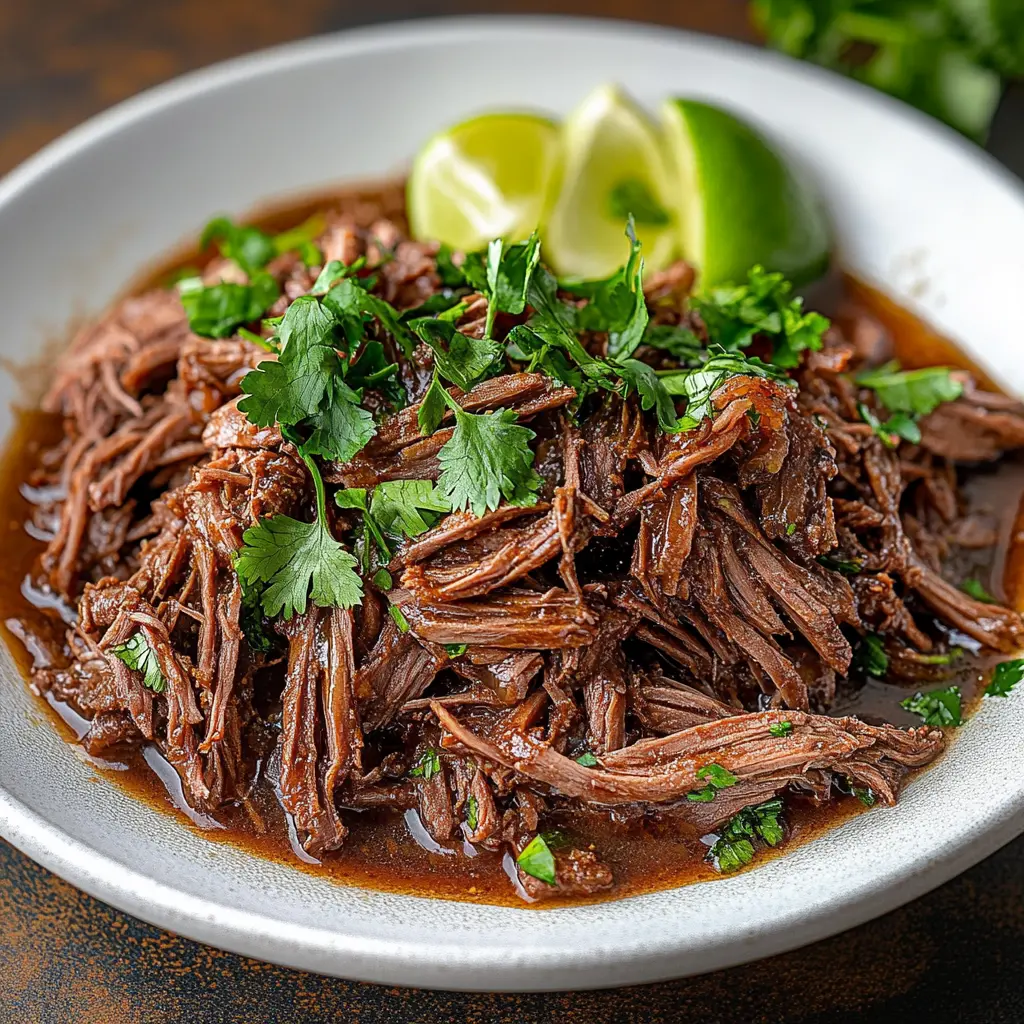 SLOW COOKER SHREDDED BEEF centered hero view, clean and uncluttered