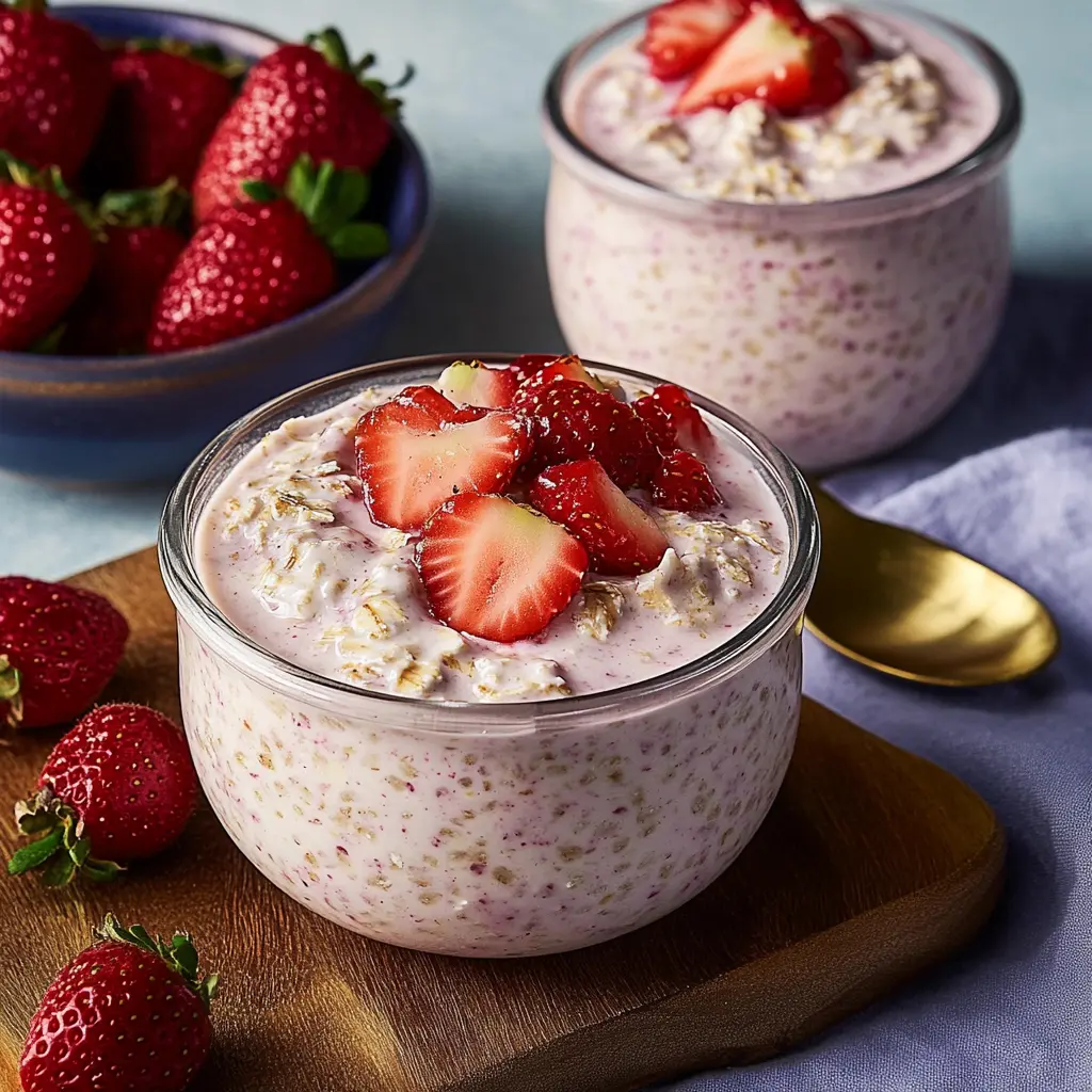 STRAWBERRY MILK OVERNIGHT OATS centered hero view, clean and uncluttered