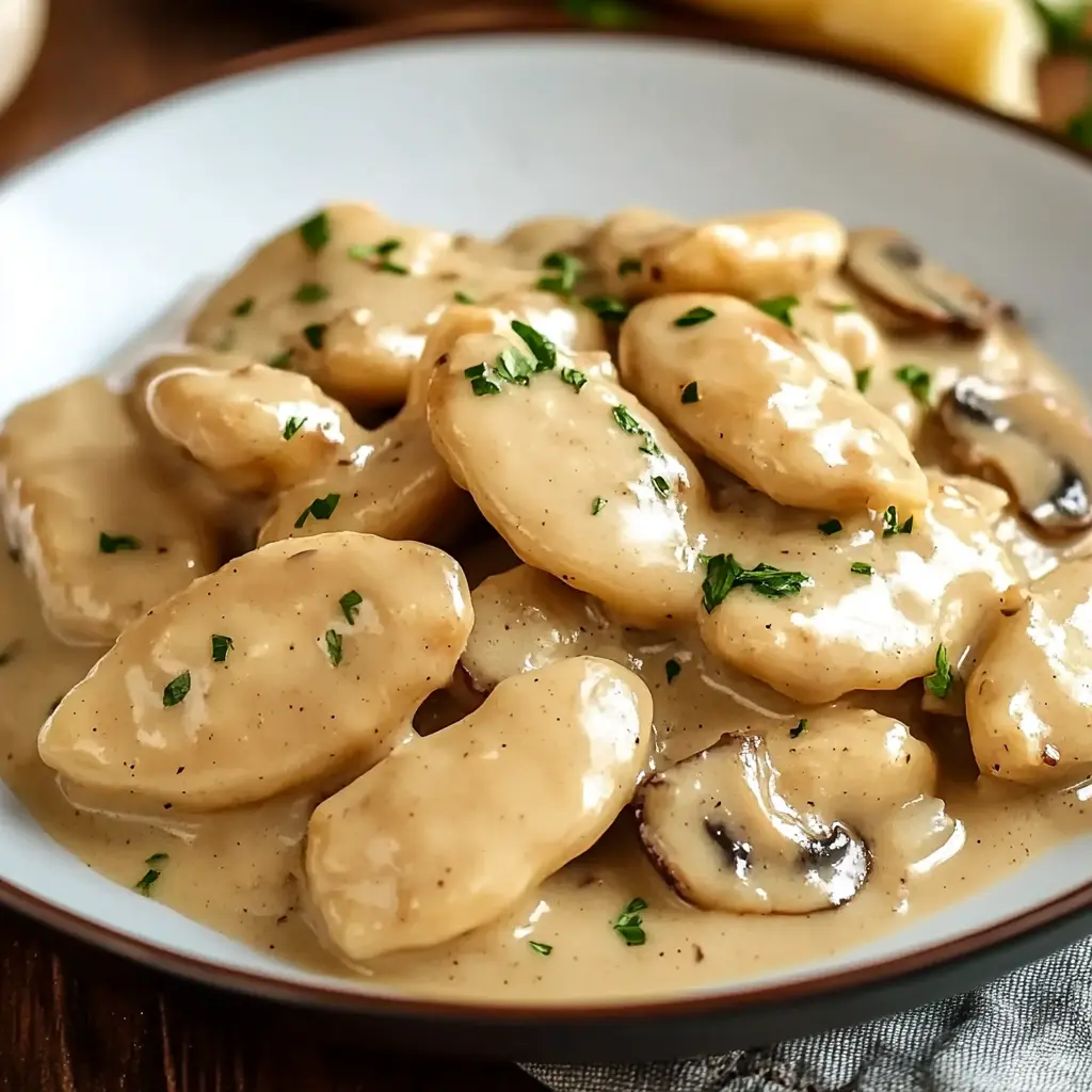 Kopytka with mushroom sauce centered hero view, clean and uncluttered