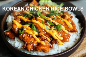 Korean chicken rice bowls with glazed chicken, steamed rice, and fresh vegetables in a clean centered composition