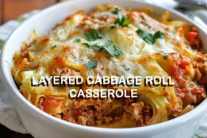 LAYERED CABBAGE ROLL CASSEROLE centered hero view, clean and uncluttered