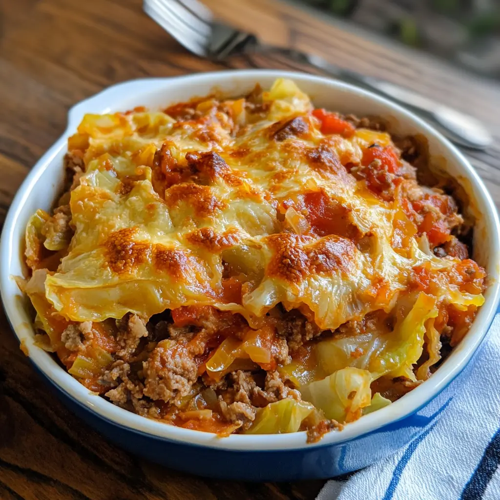 LAYERED CABBAGE ROLL CASSEROLE centered hero view, clean and uncluttered