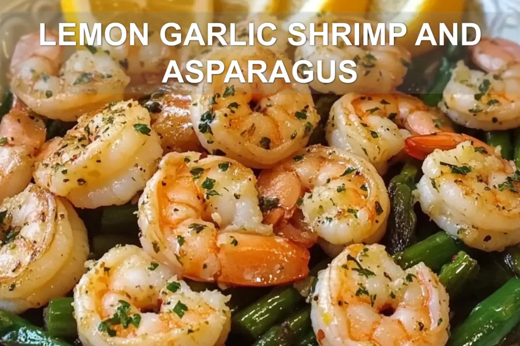 LEMON GARLIC SHRIMP AND ASPARAGUS centered hero view, clean and uncluttered