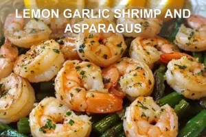 Quick Lemon Garlic Shrimp and Asparagus Recipe LEMON GARLIC SHRIMP AND ASPARAGUS centered hero view, clean and uncluttered