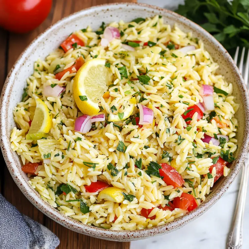 Lemon Orzo Salad with cherry tomatoes, feta, and fresh herbs in a white serving bowl