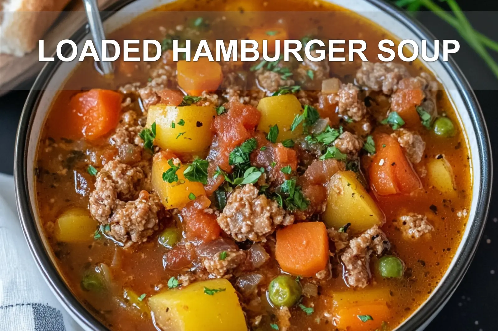 Loaded Hamburger Soup Recipe for Cozy Delight 2 LOADED HAMBURGER SOUP centered hero view, clean and uncluttered