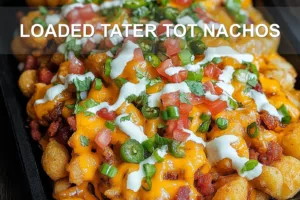 LOADED TATER TOT NACHOS centered hero view, clean and uncluttered
