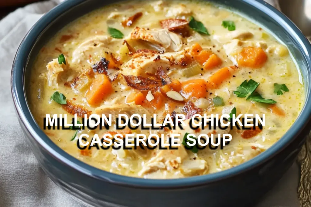 MILLION DOLLAR CHICKEN CASSEROLE SOUP centered hero view, clean and uncluttered