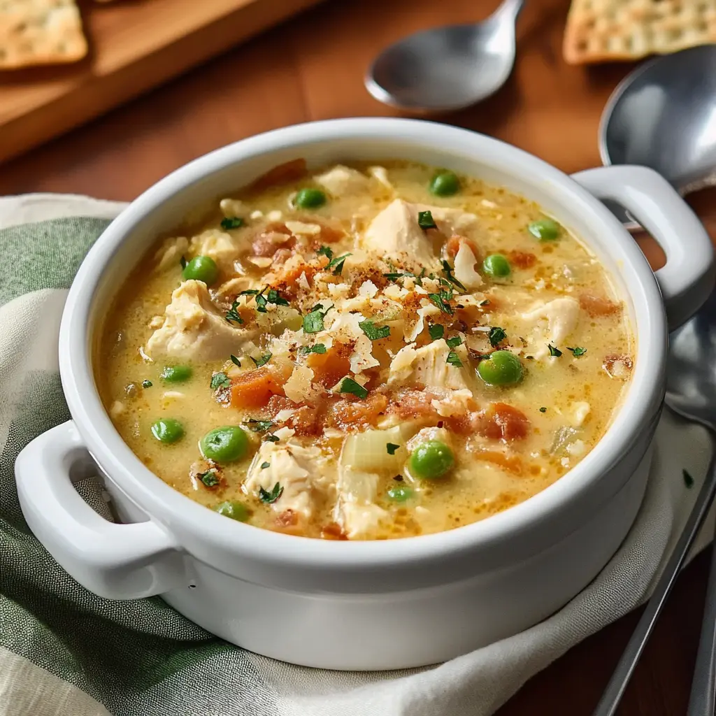 MILLION DOLLAR CHICKEN CASSEROLE SOUP centered hero view, clean and uncluttered