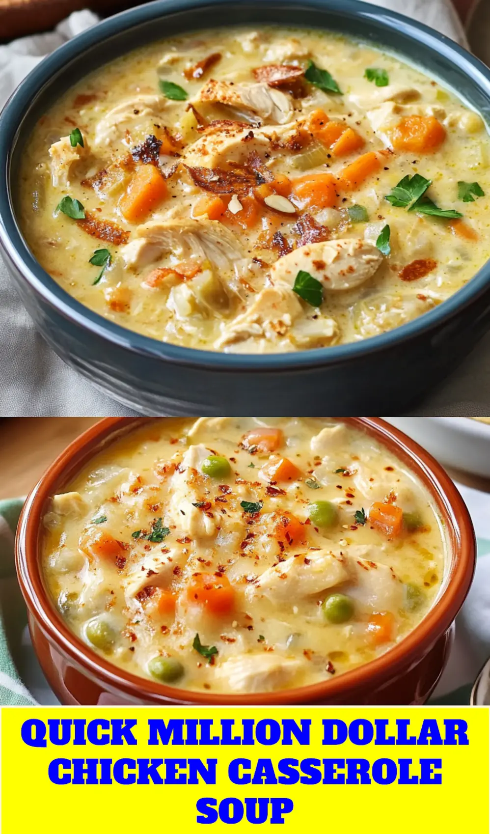 MILLION DOLLAR CHICKEN CASSEROLE SOUP centered hero view, clean and uncluttered