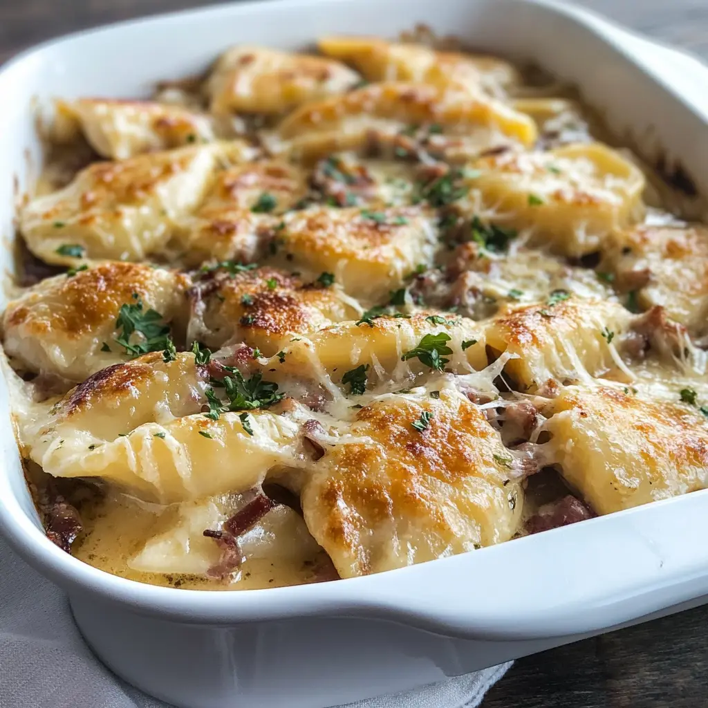 Mom's Lazy Pierogi casserole with golden edges and spiraled rotini pasta