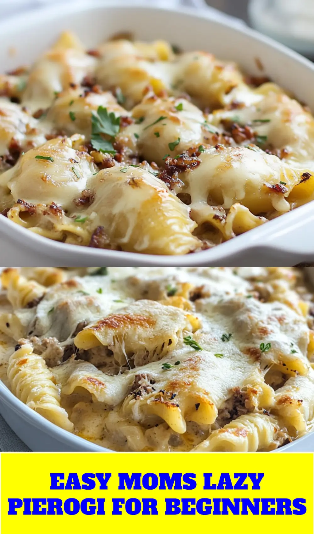 Mom's Lazy Pierogi casserole pin image with golden baked top