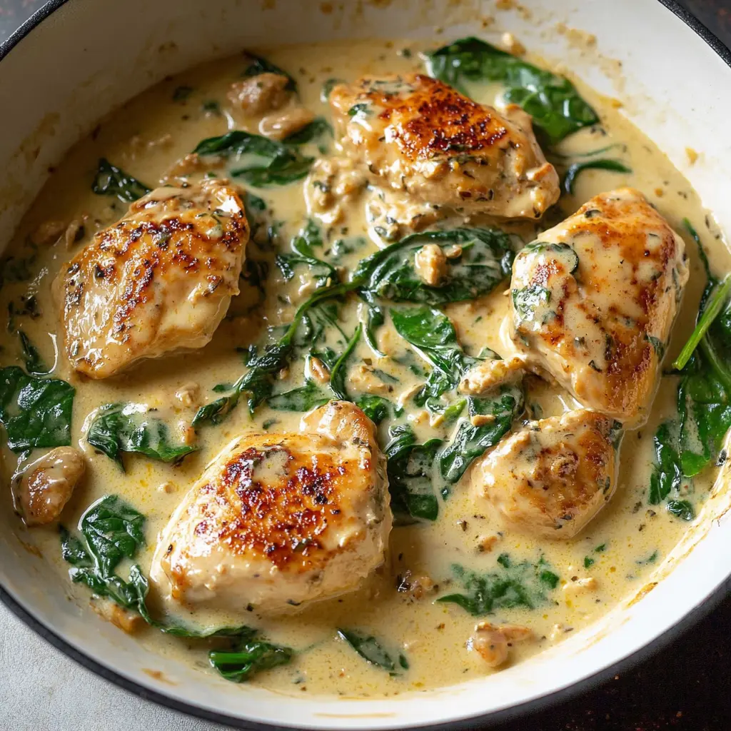 One-pan creamy chicken and spinach in skillet with golden chicken and wilted greens