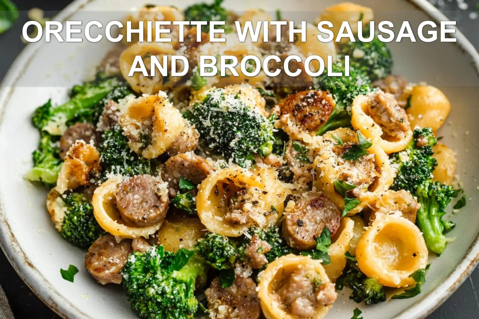 ORECCHIETTE WITH SAUSAGE AND BROCCOLI centered hero view, clean and uncluttered