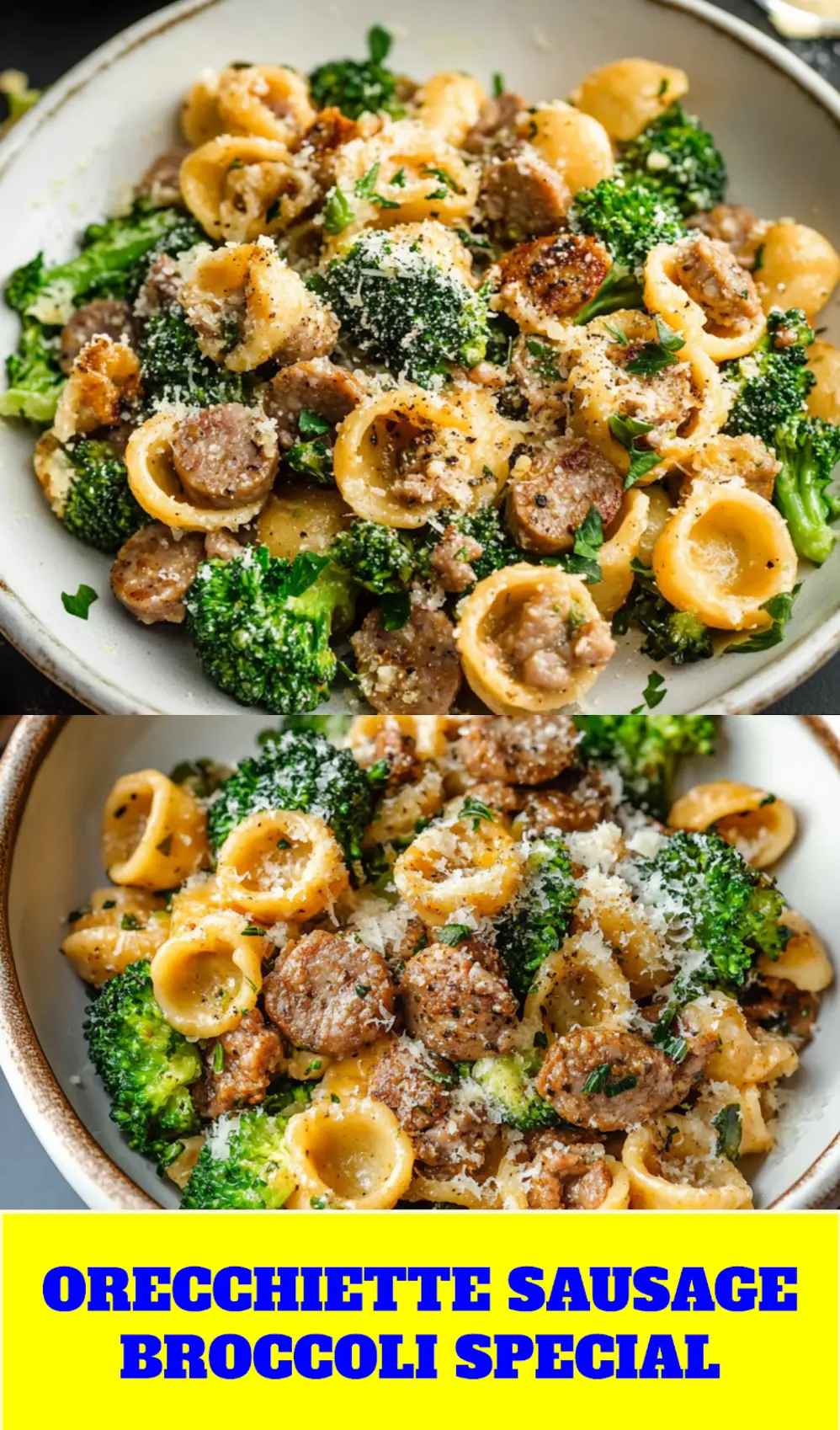 ORECCHIETTE WITH SAUSAGE AND BROCCOLI centered hero view, clean and uncluttered_pin