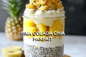 Pina Colada Chia Parfait Recipe Easy Fresh and Delicious PINA COLADA CHIA PARFAIT centered hero view, clean and uncluttered